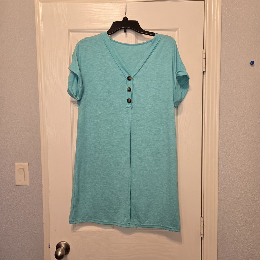 SHEIN Aqua Button-Front V-Neck Midi Dress